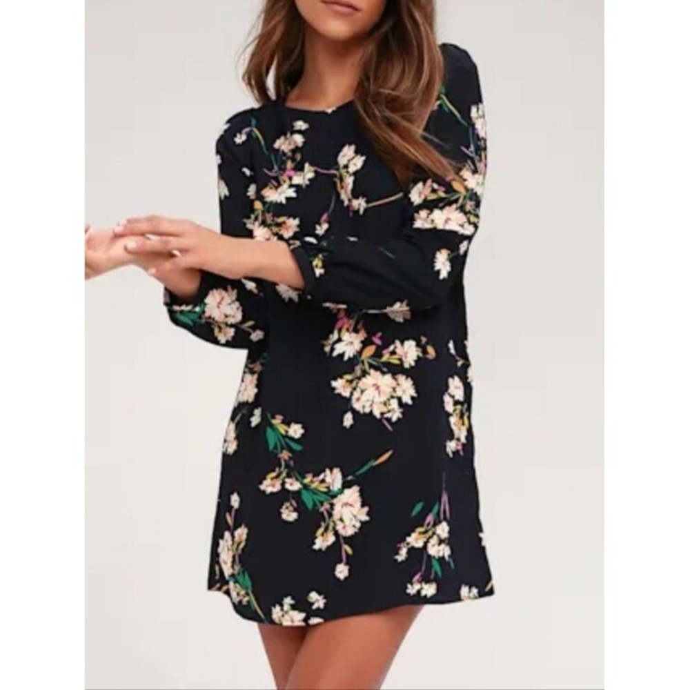Lulus Navy Blue Floral Long Sleeve Shift Mini Dress NWOT S